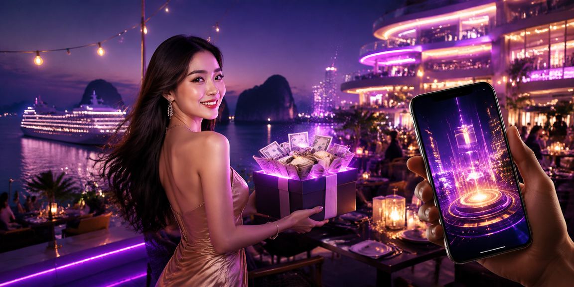 Cảnh Vịnh Hạ Long về đêm với ánh đèn neon casino rực rỡ phản chiếu trên mặt nước