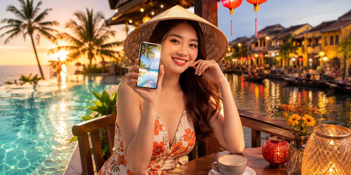 Người dùng thưởng thức cà phê tại Hội An và trải nghiệm casino trực tuyến trên điện thoại di động