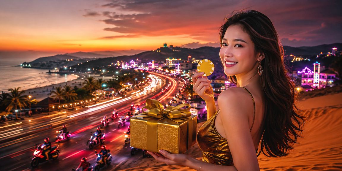 Ánh đèn neon rực rỡ tại khu resort Mũi Né về đêm gợi lên không khí casino sôi động trực tuyến